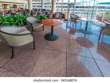 Modern Lobby, Hallway With The Table And Some Chairs Of The Luxury Hotel, Shopping Mall, Business Center In Vancouver, Canada. Interior Design.