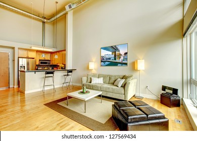 Modern Loft Apartment Living Room Interior With Kitchen And High Ceiling.