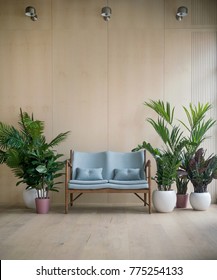 Modern Loft Living Room With Plywood Wall And Wooden Floor, Light Blue Retro Sofa With Pillows And Green Tropical Fern Plants. Lamps On The Wall Above. Mock Up Interior Photo Simple Urban Jungle Style