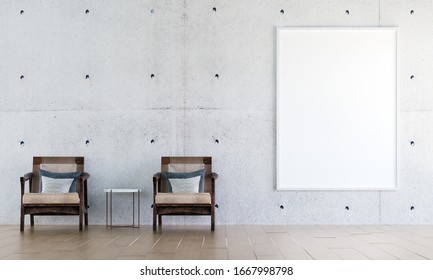 Modern Loft Lounge And Living Room Space Design Interior And Concrete Wall Texture Background And Canvas Frame