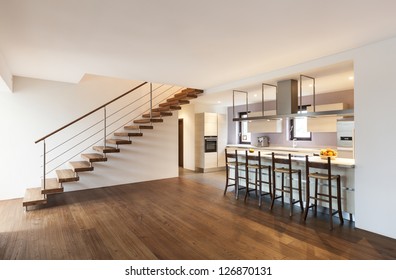 modern loft, view of the kitchen and stairs