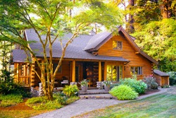 Pinewood cabin in pine forest green on nature trail. Wooden house or ...