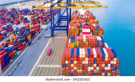 Modern Logistics,transportation of Container Cargo ship,Cargo plane,working crane bridge in shipyard. Distribution container terminal at dusk,international logistics, import-export business background