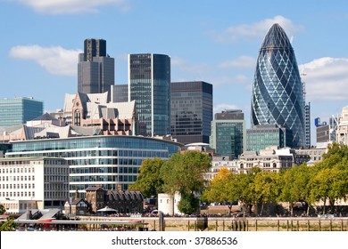 Modern London city skyline along River Thames