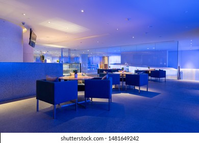 Modern Lounge Bar Interior With Blue Light.