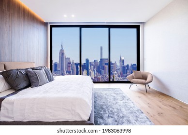 Modern And Luxurious Bedroom Of Minimalist Interior Design, With Views Of Midtown New York Skyline. Upscale Condo Or Hotel Accommodation In NYC.