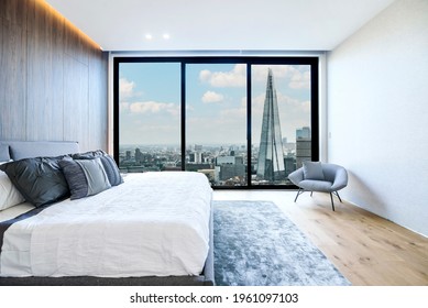 Modern and luxurious hotel bedroom with views of London skyline. Condo or 5-star upscale accommodation. - Shutterstock ID 1961097103