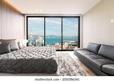 Modern and luxurious master bedroom with views of Istanbul and the Bosporus. Condo or Hotel accommodation. - Shutterstock ID 2050386341