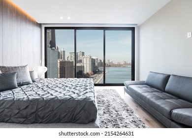 Modern and luxurious master bedroom with views of Chicago and Lake Michigan. Condo or Hotel accommodation.