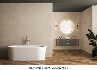 Modern luxury bathroom, beige walls, bathtub, vanity, wooden floor, indoor plants, front view. Beautiful room with modern furniture and window. - Powered by Shutterstock