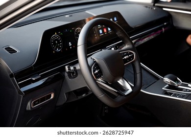 Modern luxury car interior with black dashboard and brown leather seats digital display navigation system climate control and stylish steering wheel. Premium automotive design and advanced technology
