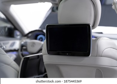 Modern Luxury Car Interior With Empty Touchscreen Monitor With Copy Space.