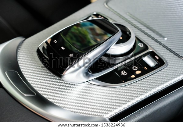 Modern and Luxury Car Interior, Media\
and Navigation Control Buttons, Car Interior\
Details.