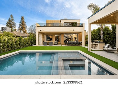 Modern luxury house with a swimming pool, outdoor seating, and lush greenery under a clear blue sky. - Powered by Shutterstock