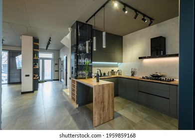 Modern Luxury Loft Studio Apartment Interior With Kitchen, Large Living Room And Entrance Hall