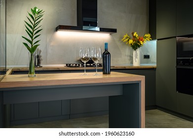Modern Luxury Loft Studio Apartment Interior With Dark Grey Kitchen