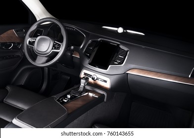 Modern Luxury Prestige Car Interior, Dashboard, Steering Wheel. Black Perforated Leather Interior. Wood Panels. Isolated Windows, Clipping Path Included