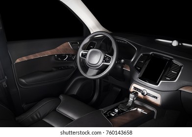 Modern Luxury Prestige Car Interior, Dashboard, Wood Panels, Steering Wheel. Black Leather Interior. Isolated Windows, Clipping Path Included