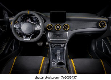 Modern Luxury Prestige Car Interior, Dashboard, Steering Wheel. Black Leather Alcantara And Yellow Stitch Interior. 