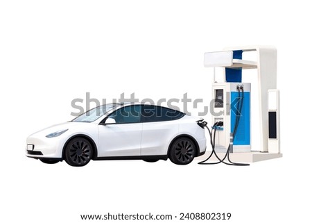 Modern and luxury white electric car is parked and charged in a service station. isolate on white background with clipping path