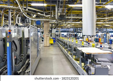 Modern Machines For Transportation In A Large Print Shop For Production Of Newspapers & Magazines