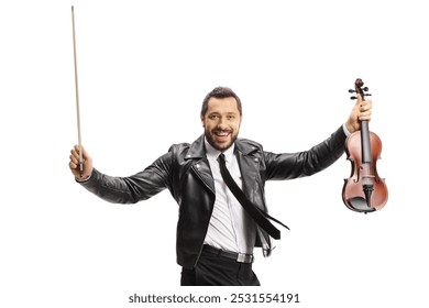 Modern male violinist holding a violin and jumping isolated on white background  - Powered by Shutterstock