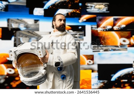 Modern man astronaut drifting in zero gravity during a space journey, reflecting interstellar adventure, celestial wonder and the future of astronautics and planetary discovery. Space craft.