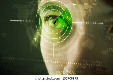 Modern Man With Cyber Technology Target Military Eye Concept