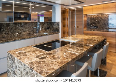 Modern Marble Kitchen With Island. Nobody Inside