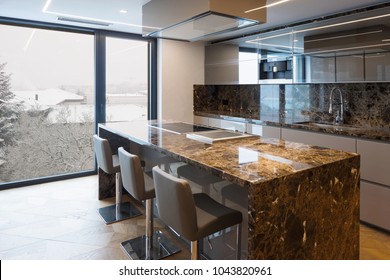 Modern Marble Kitchen With Island. Nobody Inside