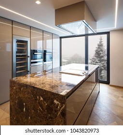 Modern Marble Kitchen With Island. Nobody Inside