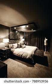 Modern Masculine Style Master Bedroom With Wallpaper In Brisbane, Queensland Australia In July 2016