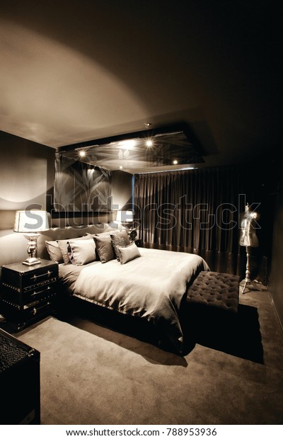 Modern Masculine Style Master Bedroom Wallpaper Stock Photo