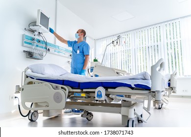 Modern medical bed and a special device in the modern ward. Resuscitation chamber in the hospital. Patient recovery. - Shutterstock ID 1738071743
