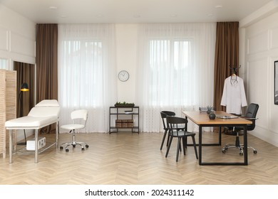 Modern Medical Office Interior With Doctor's Workplace And Examination Table