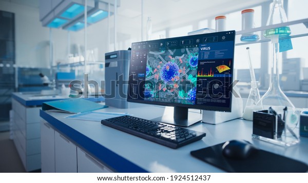 Modern Medical\
Research Laboratory with Computer Showing Virus Genome Research\
Software. Scientific Laboratory Biotechnology Development Center\
Full of High-Tech\
Equipment.