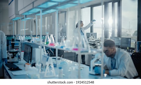 Modern Medical Research Laboratory: Diverse Team of Scientists Working Using Microscope, Analysing Microbiology Samples. Scientific Lab for Medicine, Biotechnology Development. Advanced Equipment - Powered by Shutterstock