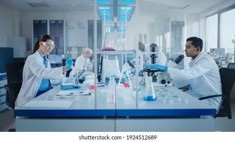 Modern Medical Research Laboratory: Diverse Team of Scientists Working with Pipette, Analysing Biochemicals Samples, Talking. Scientific Lab for Medicine, Microbiology Development. Advanced Equipment - Powered by Shutterstock