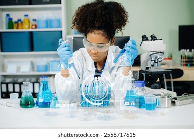 Modern medical research laboratory. female scientist working with micro pipettes analyzing biochemical samples, advanced science chemical laboratory for medicine.  - Powered by Shutterstock