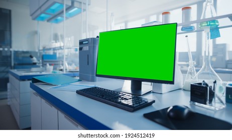 Modern Medical Research Laboratory with Green Chroma Key Screen Computer. Scientific Lab, Drug Engineering Center Full of High-Tech Equipment, Technology for Vaccine Development.