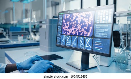 Modern Medical Research Laboratory: Portrait Of Male Scientist Working On Computer Showing DNA Concept. Scientific Lab And Medicine Development Facility With Advanced Equipment, Biotechnology.