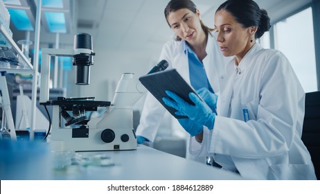Modern Medical Research Laboratory: Two Female Scientists Working, Using Digital Tablet, Analysing Samples, Talking. Advanced Scientific Pharmaceutical Lab for Medicine, Biotechnology Development - Shutterstock ID 1884612889