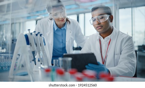 Modern Medical Research Laboratory: Two Scientists Working Together Analysing Samples, Discussing Innovative Technology. Advanced Scientific Lab For Medicine, Biotechnology, Molecular Biology