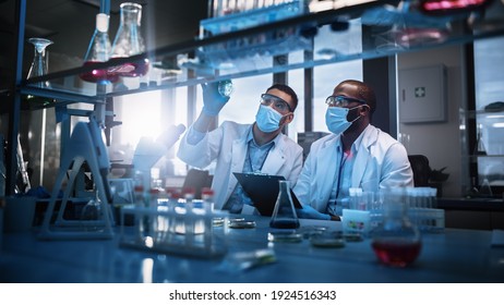 Modern Medical Research Laboratory: Two Scientists Wearing Face Masks Use Microscope, Analyse Sample In Petri Dish, Discuss Innovative Technology. Advanced Scientific Lab For Medicine, Biotechnology