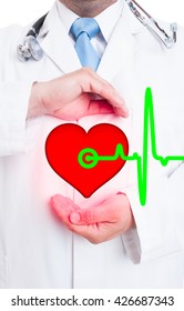 Modern medical technology with professional medic showing heart and pulse as healthy lifestyle concept