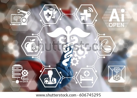 Modern medicine concept - IT, DATA, IoT, BIG DATA, Computing, Robot, 3D PRINTING integration in health care. Doctor touched caduceus gears icon on virtual medical screen.