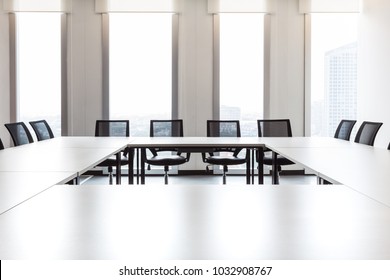 Modern Meeting Room With Large Windows, Outside Building, City, Tower View, Soft Focus