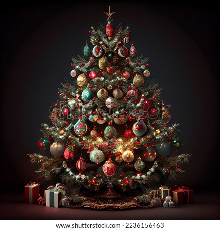 Modern Merry christmas and New year 2023 with dark background. christmas tree greeting card design and sale banner with realistic 3d christmas objects composition.