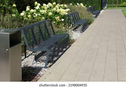 Modern Metal Bench In Park. Outdoor Benches, City Architecture, Outdoor Chair, Urban Public Furniture, Empty Plank Seat, Comfortable Bench In Recreation Area