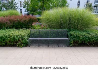 Modern Metal Bench In Park. Outdoor Benches, City Architecture, Outdoor Chair, Urban Public Furniture, Empty Plank Seat, Comfortable Bench In Recreation Area